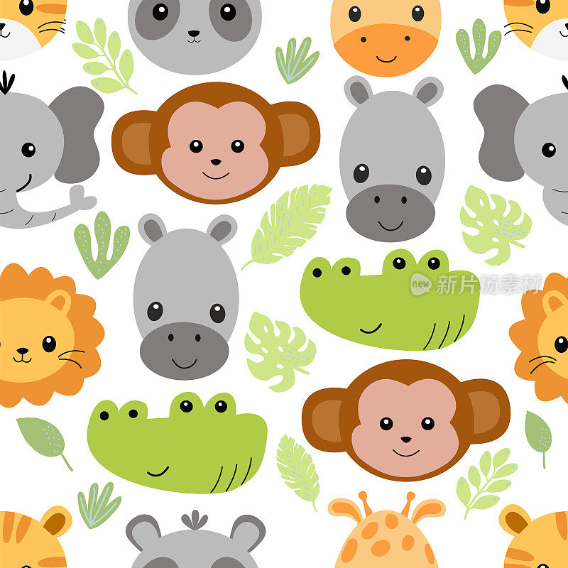 Seamless pattern with cute animal faces on a white background, in vector graphics. For decoration, prints for childrens clothing, notebook covers, textiles, wrapping paper